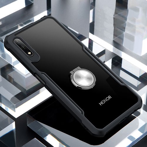 Silicone Transparent Mirror Frame Case 360 Degrees with Magnetic Finger Ring Stand for Huawei Honor 9X Black