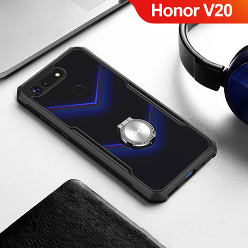 Silicone Transparent Mirror Frame Case 360 Degrees with Magnetic Finger Ring Stand for Huawei Honor V20 Black