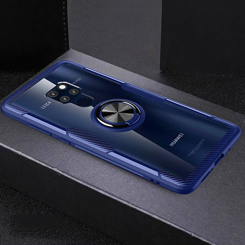 Silicone Transparent Mirror Frame Case 360 Degrees with Magnetic Finger Ring Stand for Huawei Mate 20 Blue