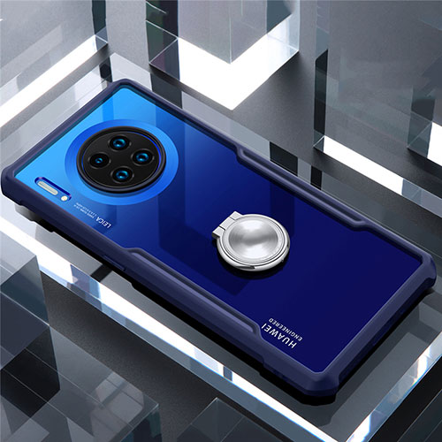 Silicone Transparent Mirror Frame Case 360 Degrees with Magnetic Finger Ring Stand for Huawei Mate 30 Blue