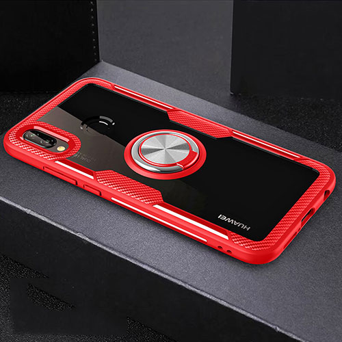 Silicone Transparent Mirror Frame Case 360 Degrees with Magnetic Finger Ring Stand for Huawei Nova 3e Red