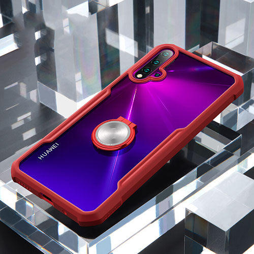 Silicone Transparent Mirror Frame Case 360 Degrees with Magnetic Finger Ring Stand for Huawei Nova 5 Pro Red