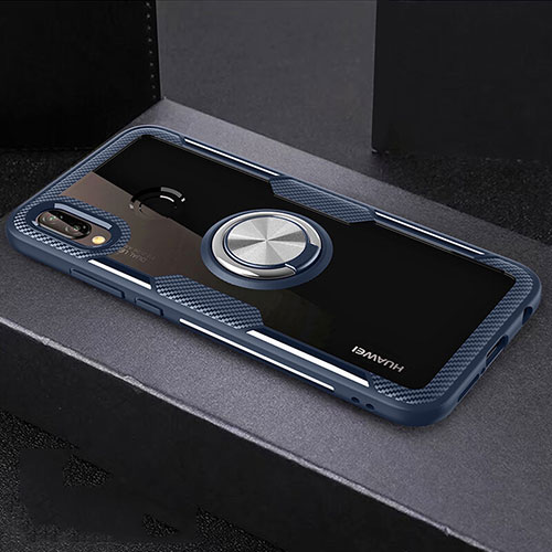 Silicone Transparent Mirror Frame Case 360 Degrees with Magnetic Finger Ring Stand for Huawei P20 Lite Blue