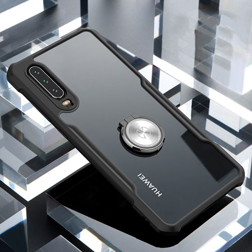 Silicone Transparent Mirror Frame Case 360 Degrees with Magnetic Finger Ring Stand for Huawei P30 Black