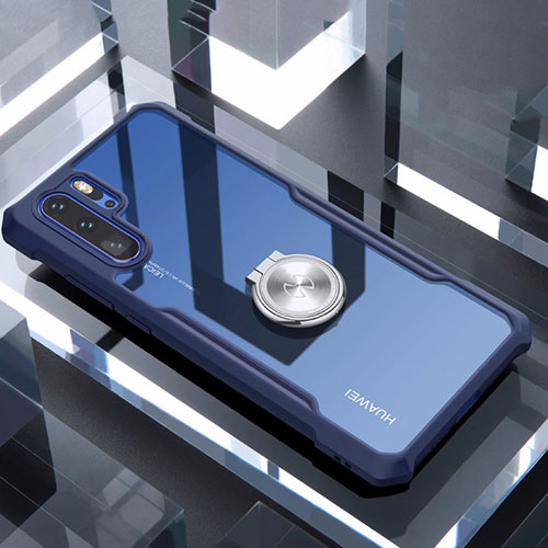 Silicone Transparent Mirror Frame Case 360 Degrees with Magnetic Finger Ring Stand for Huawei P30 Pro Blue