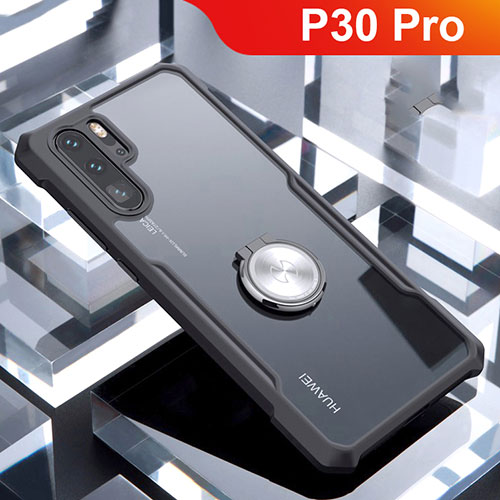 Silicone Transparent Mirror Frame Case 360 Degrees with Magnetic Finger Ring Stand for Huawei P30 Pro New Edition Black
