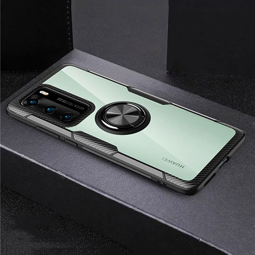 Silicone Transparent Mirror Frame Case 360 Degrees with Magnetic Finger Ring Stand for Huawei P40 Black