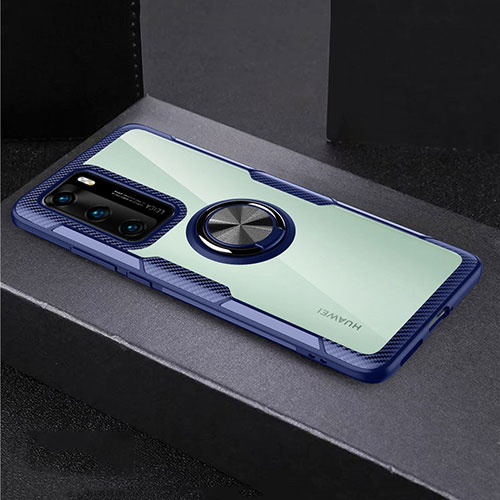 Silicone Transparent Mirror Frame Case 360 Degrees with Magnetic Finger Ring Stand for Huawei P40 Blue