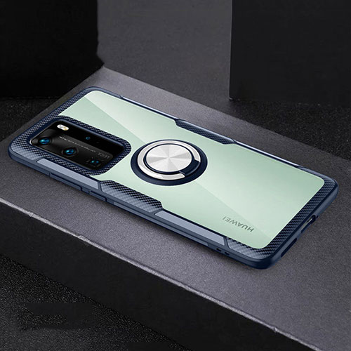 Silicone Transparent Mirror Frame Case 360 Degrees with Magnetic Finger Ring Stand for Huawei P40 Pro Gray