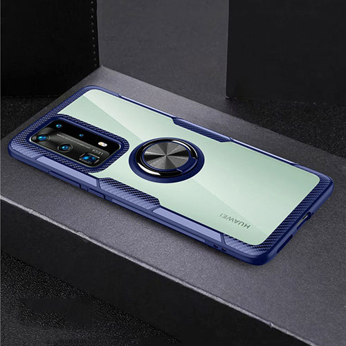 Silicone Transparent Mirror Frame Case 360 Degrees with Magnetic Finger Ring Stand for Huawei P40 Pro+ Plus Blue
