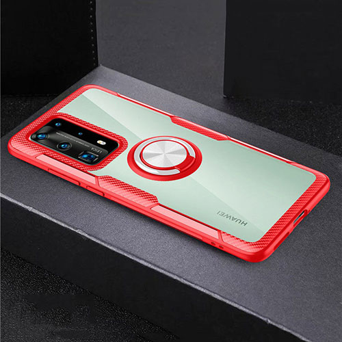 Silicone Transparent Mirror Frame Case 360 Degrees with Magnetic Finger Ring Stand for Huawei P40 Pro+ Plus Red