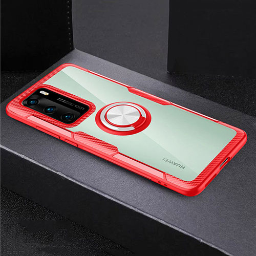 Silicone Transparent Mirror Frame Case 360 Degrees with Magnetic Finger Ring Stand for Huawei P40 Red