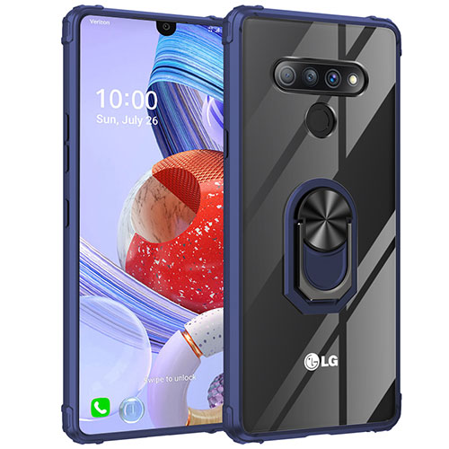 Silicone Transparent Mirror Frame Case 360 Degrees with Magnetic Finger Ring Stand for LG Stylo 6 Blue