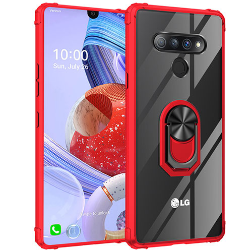 Silicone Transparent Mirror Frame Case 360 Degrees with Magnetic Finger Ring Stand for LG Stylo 6 Red