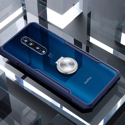 Silicone Transparent Mirror Frame Case 360 Degrees with Magnetic Finger Ring Stand for OnePlus 7 Pro Blue