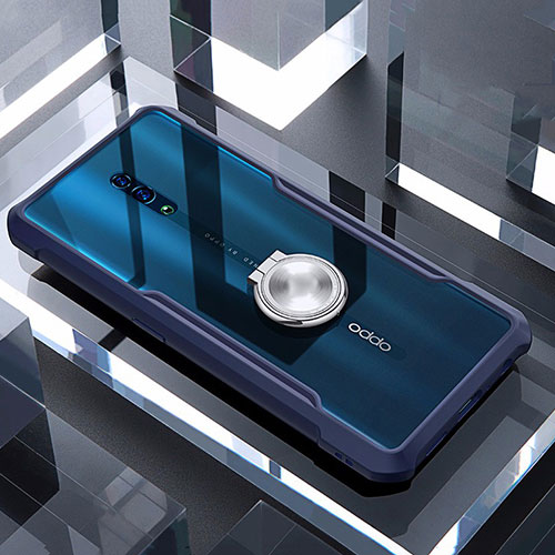 Silicone Transparent Mirror Frame Case 360 Degrees with Magnetic Finger Ring Stand for Oppo Reno Blue