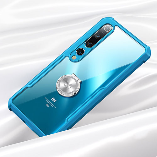 Silicone Transparent Mirror Frame Case 360 Degrees with Magnetic Finger Ring Stand for Xiaomi Mi 10 Blue