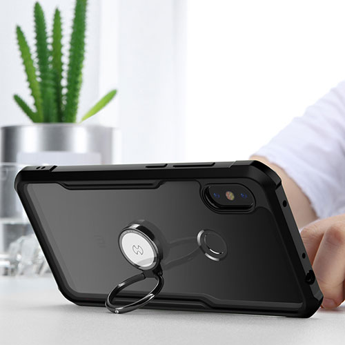Silicone Transparent Mirror Frame Case 360 Degrees with Magnetic Finger Ring Stand for Xiaomi Redmi Note 6 Pro Black