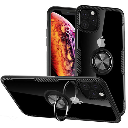 Silicone Transparent Mirror Frame Case 360 Degrees with Magnetic Finger Ring Stand M02 for Apple iPhone 11 Pro Black