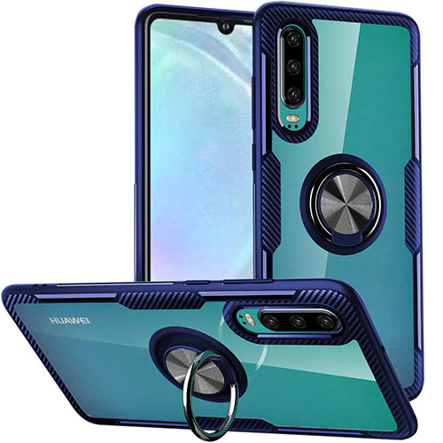 Silicone Transparent Mirror Frame Case 360 Degrees with Magnetic Finger Ring Stand S01 for Huawei P30 Blue