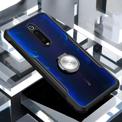 Silicone Transparent Mirror Frame Case 360 Degrees with Magnetic Finger Ring Stand T01 for Xiaomi Mi 9T Black