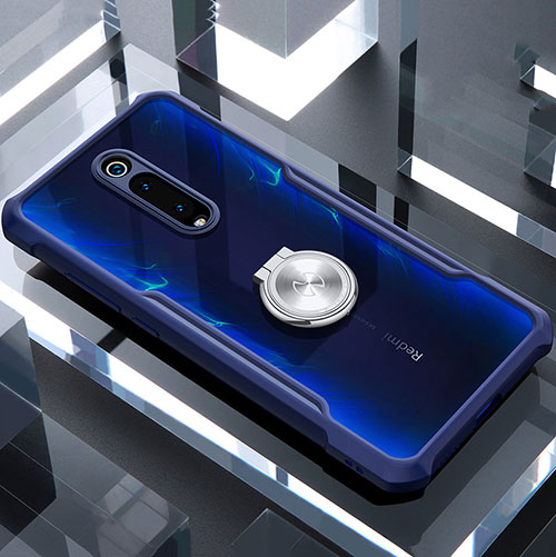 Silicone Transparent Mirror Frame Case 360 Degrees with Magnetic Finger Ring Stand T01 for Xiaomi Mi 9T Blue