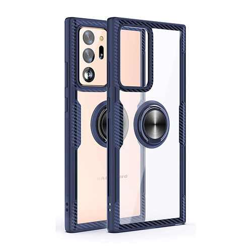 Silicone Transparent Mirror Frame Case 360 Degrees with Magnetic Finger Ring Stand T02 for Samsung Galaxy Note 20 Ultra 5G Blue
