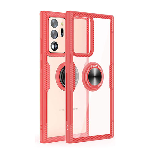 Silicone Transparent Mirror Frame Case 360 Degrees with Magnetic Finger Ring Stand T02 for Samsung Galaxy Note 20 Ultra 5G Red