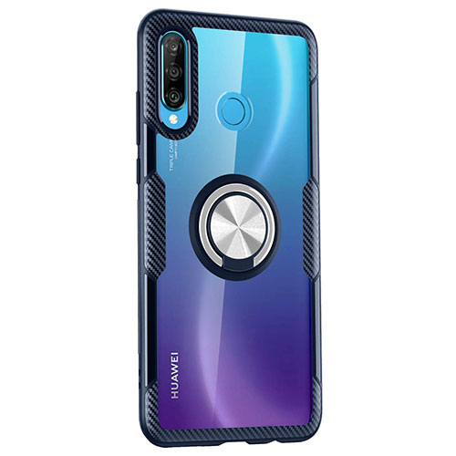 Silicone Transparent Mirror Frame Case 360 Degrees with Magnetic Finger Ring Stand Z01 for Huawei P30 Lite Blue