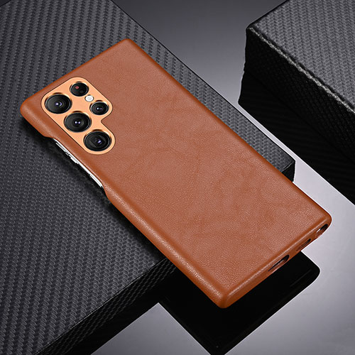 Soft Luxury Leather Snap On Case Cover C06 for Samsung Galaxy S22 Ultra 5G Brown
