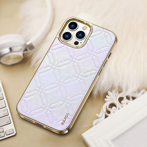 Soft Luxury Leather Snap On Case Cover LD4 for Apple iPhone 14 Pro Silver