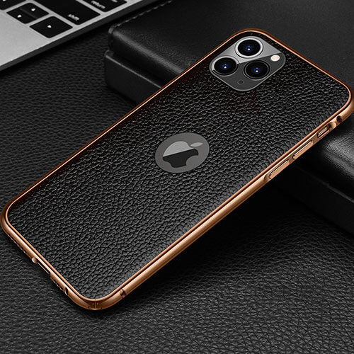 Soft Luxury Leather Snap On Case Cover R01 for Apple iPhone 11 Pro Max Gold and Black