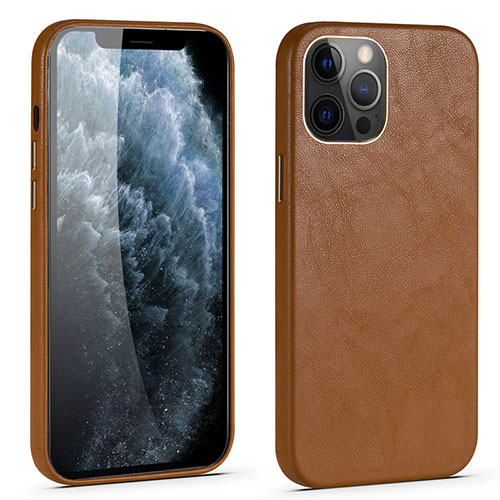 Soft Luxury Leather Snap On Case Cover R06 for Apple iPhone 12 Pro Brown