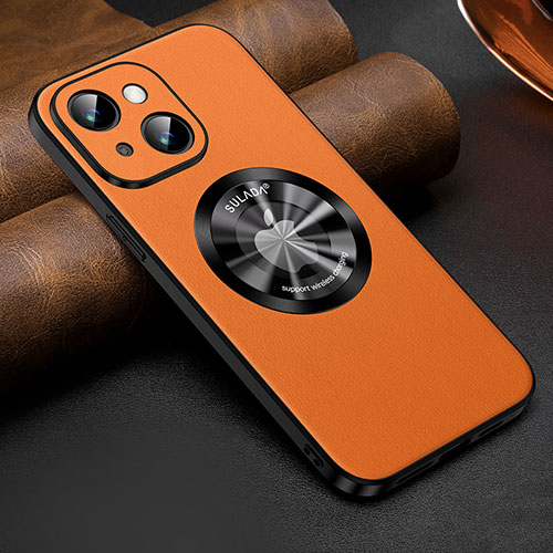 Soft Luxury Leather Snap On Case Cover with Mag-Safe Magnetic LD2 for Apple iPhone 13 Orange