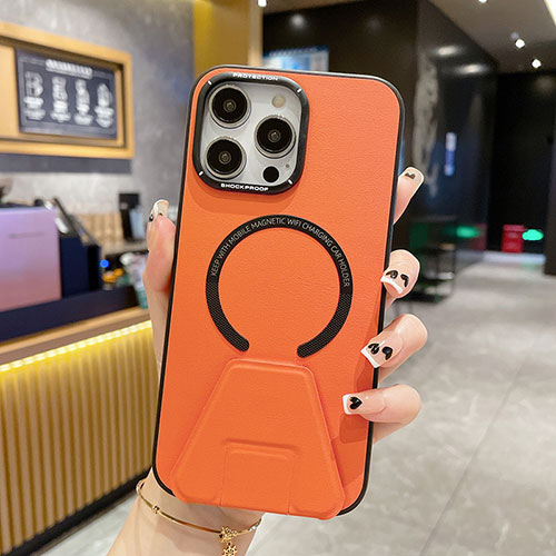 Soft Luxury Leather Snap On Case Cover with Mag-Safe Magnetic QC2 for Apple iPhone 14 Pro Max Orange