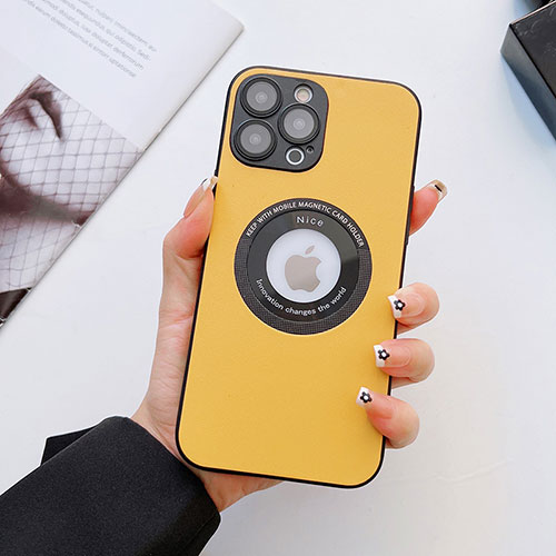 Soft Luxury Leather Snap On Case Cover with Mag-Safe Magnetic QC3 for Apple iPhone 13 Pro Yellow