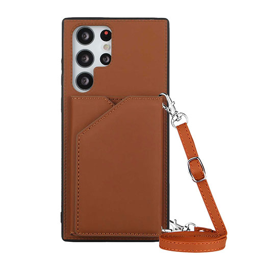 Soft Luxury Leather Snap On Case Cover Y01B for Samsung Galaxy S22 Ultra 5G Brown