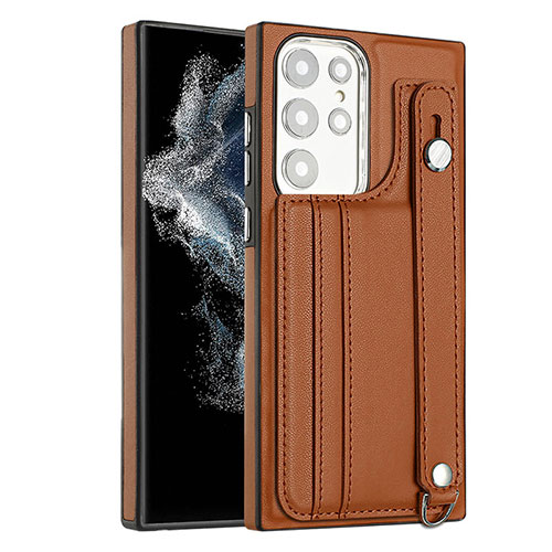 Soft Luxury Leather Snap On Case Cover YB4 for Samsung Galaxy S22 Ultra 5G Brown