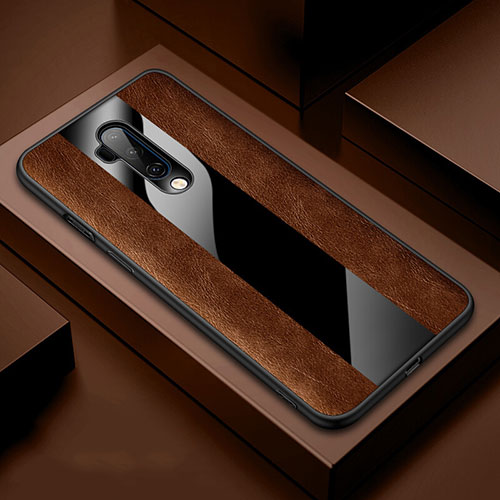 Soft Silicone Gel Leather Snap On Case Cover H03 for OnePlus 7T Pro Brown