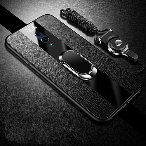 Soft Silicone Gel Leather Snap On Case Cover with Magnetic Finger Ring Stand A01 for Oppo K3 Black
