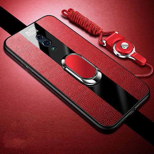 Soft Silicone Gel Leather Snap On Case Cover with Magnetic Finger Ring Stand A01 for Oppo K3 Red