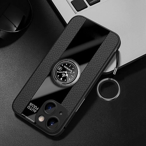 Soft Silicone Gel Leather Snap On Case Cover with Magnetic Finger Ring Stand for Apple iPhone 14 Black