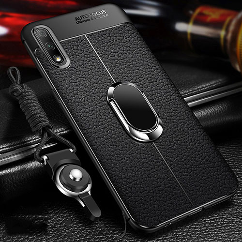 Soft Silicone Gel Leather Snap On Case Cover with Magnetic Finger Ring Stand for Huawei Enjoy 10 Black