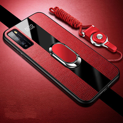 Soft Silicone Gel Leather Snap On Case Cover with Magnetic Finger Ring Stand for Huawei Enjoy 20 Pro 5G Red