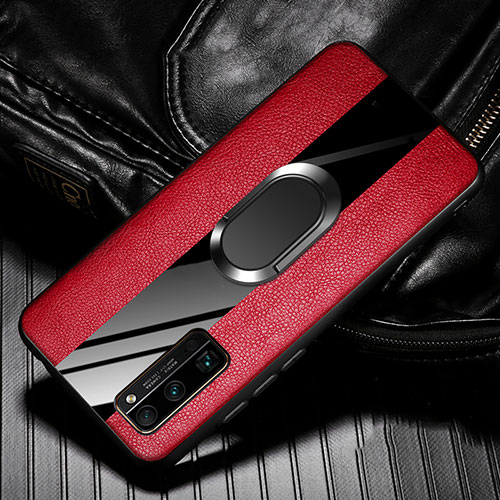 Soft Silicone Gel Leather Snap On Case Cover with Magnetic Finger Ring Stand for Huawei Honor 30 Pro+ Plus Red