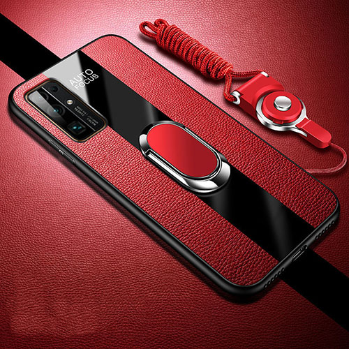 Soft Silicone Gel Leather Snap On Case Cover with Magnetic Finger Ring Stand for Huawei Honor 30 Red