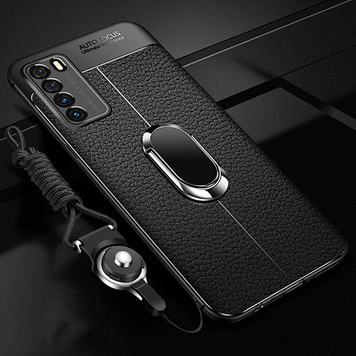 Soft Silicone Gel Leather Snap On Case Cover with Magnetic Finger Ring Stand for Huawei Honor Play4 5G Black