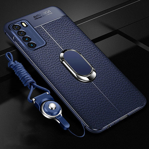 Soft Silicone Gel Leather Snap On Case Cover with Magnetic Finger Ring Stand for Huawei Honor Play4 5G Blue