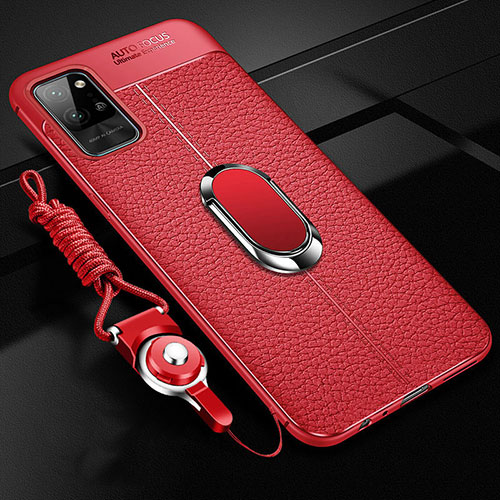 Soft Silicone Gel Leather Snap On Case Cover with Magnetic Finger Ring Stand for Huawei Honor Play4 Pro 5G Red