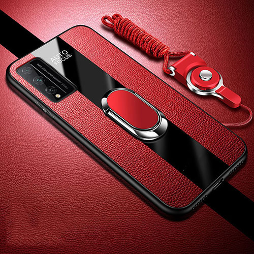 Soft Silicone Gel Leather Snap On Case Cover with Magnetic Finger Ring Stand for Huawei Honor Play4T Pro Red